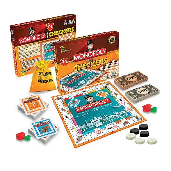 Monopoly & Checkers 2 in 1 Wooden Board Game