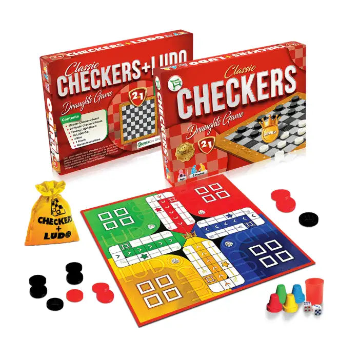 Classic Checkers 2-in-1 Wooden Board Game | Checkers &  Ludo Set