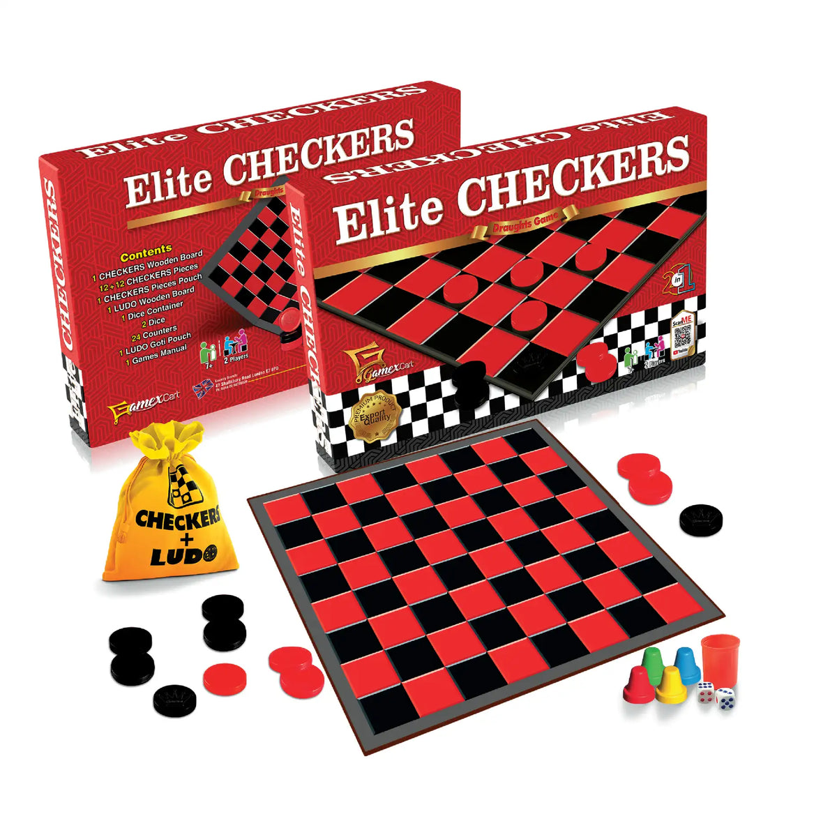 Elite Checkers 2-in-1 Wooden Board Game | Checkers &  Ludo Set