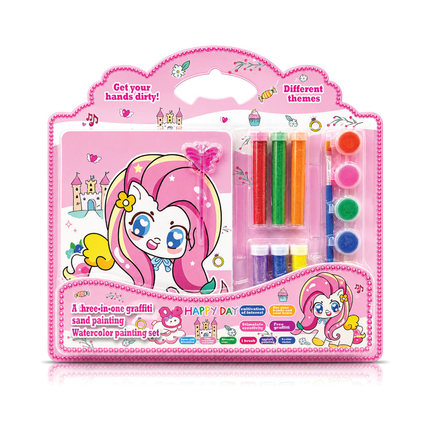 3-in-1 Kids' Creative Stationary Set – Sand Painting, Watercolor & Graffiti Kit