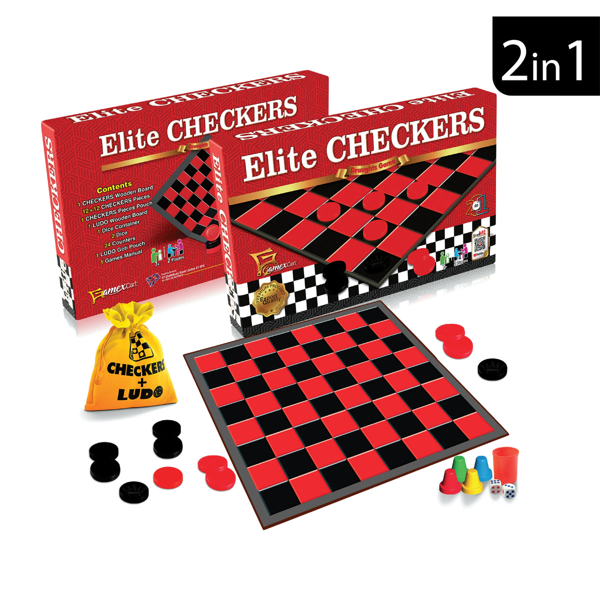 Elite Checkers 2-in-1 Wooden Board Game | Checkers &  Ludo Set