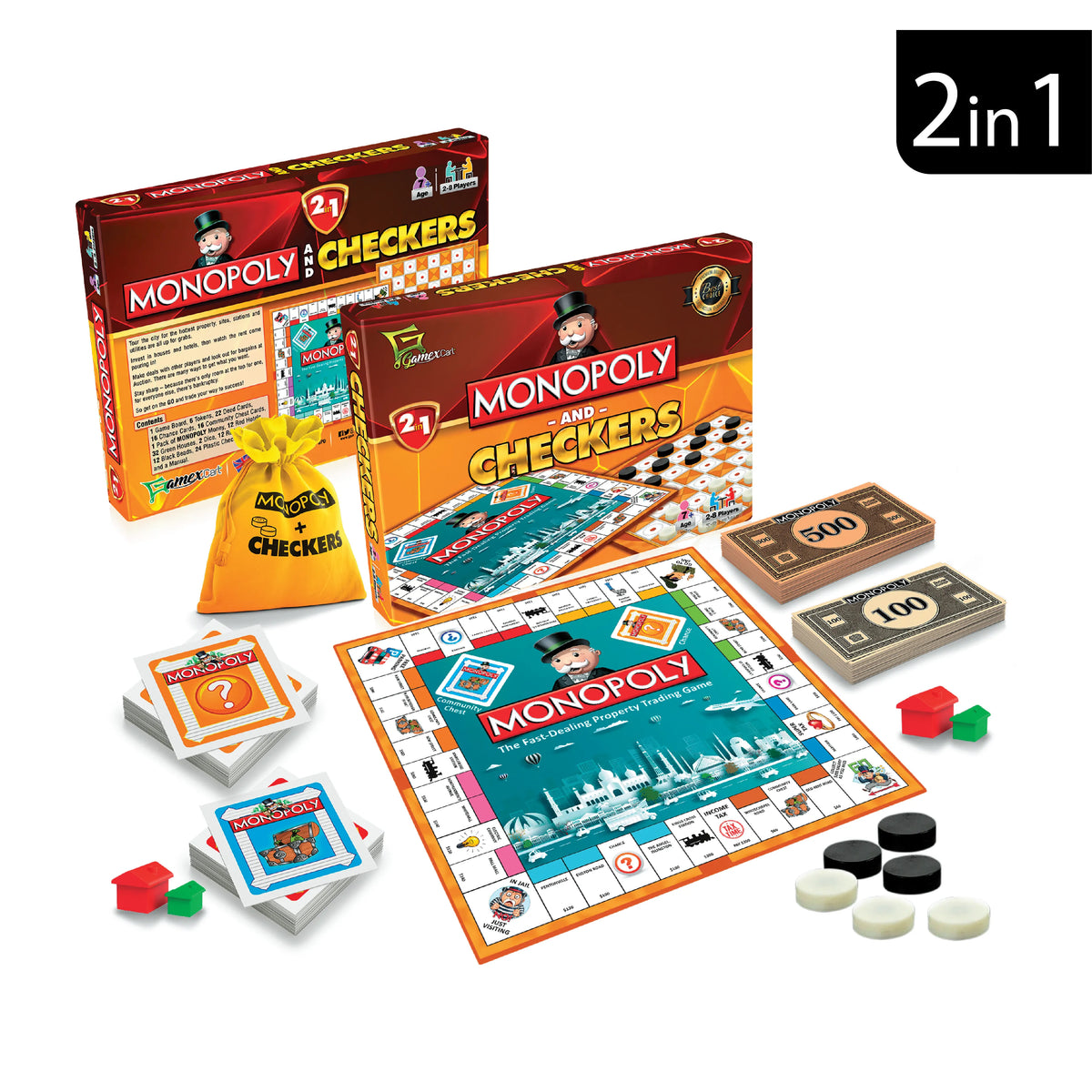 Monopoly & Checkers 2 in 1 Wooden Board Game